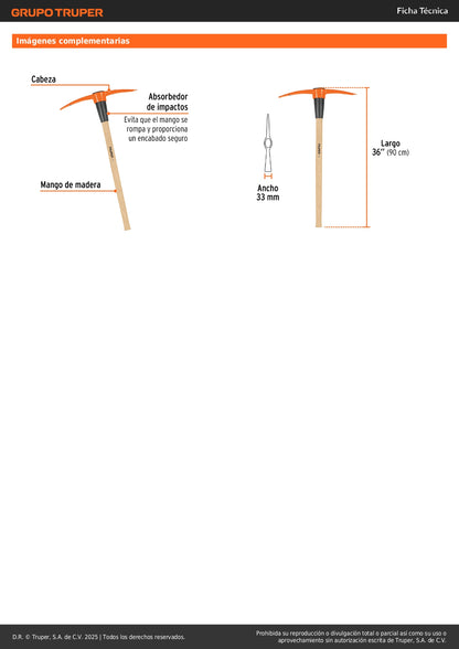 Zapapico Truper 5 lb Mango Madera 36" - Herramienta Profesional para Desenterrar Raíces y Romper Tierra Dura - ZP-5MM