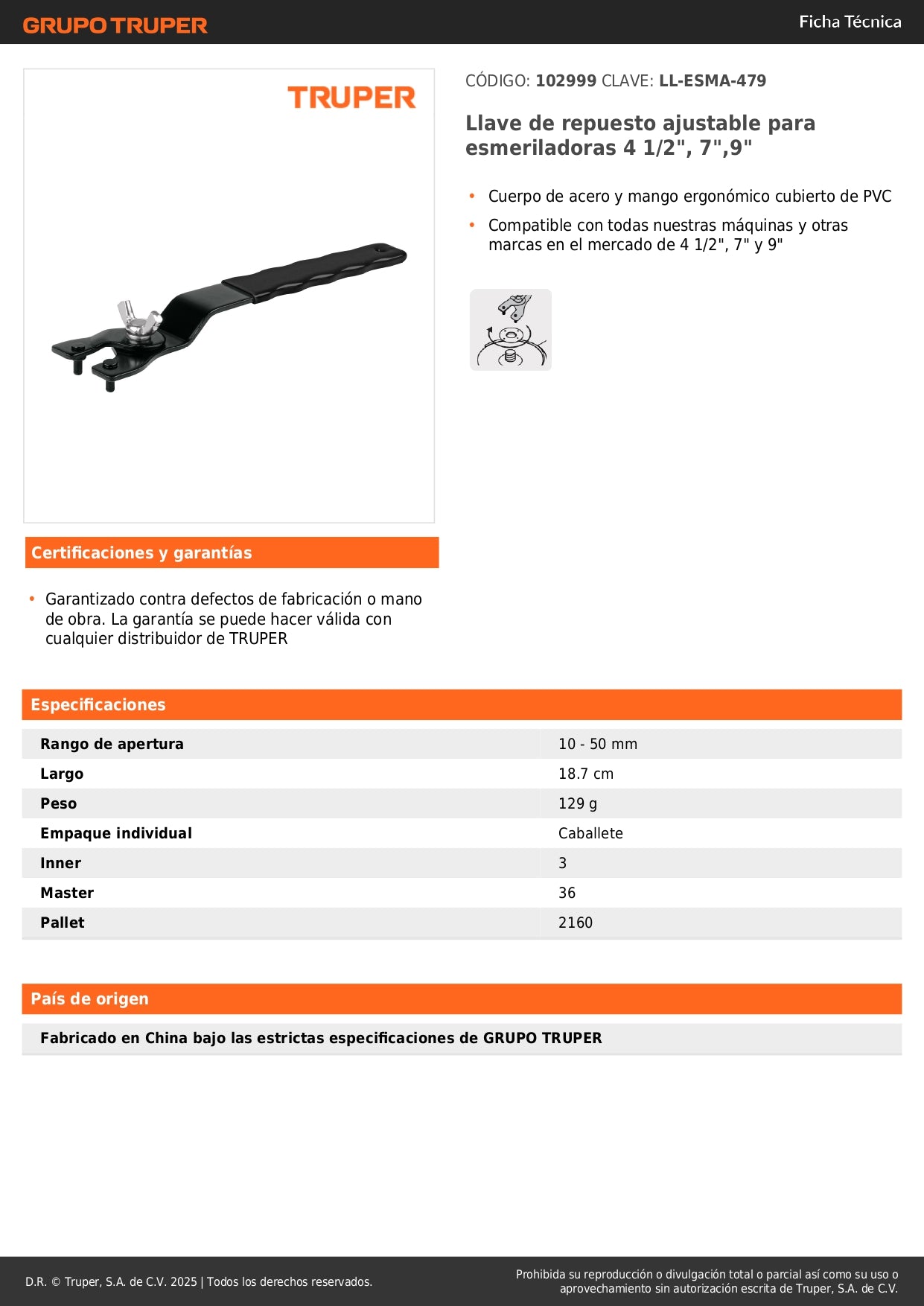 Llave de repuesto ajustable para esmeriladoras 4 1/2", 7",9"