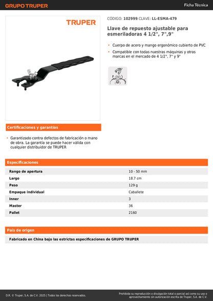 Llave de repuesto ajustable para esmeriladoras 4 1/2", 7",9"