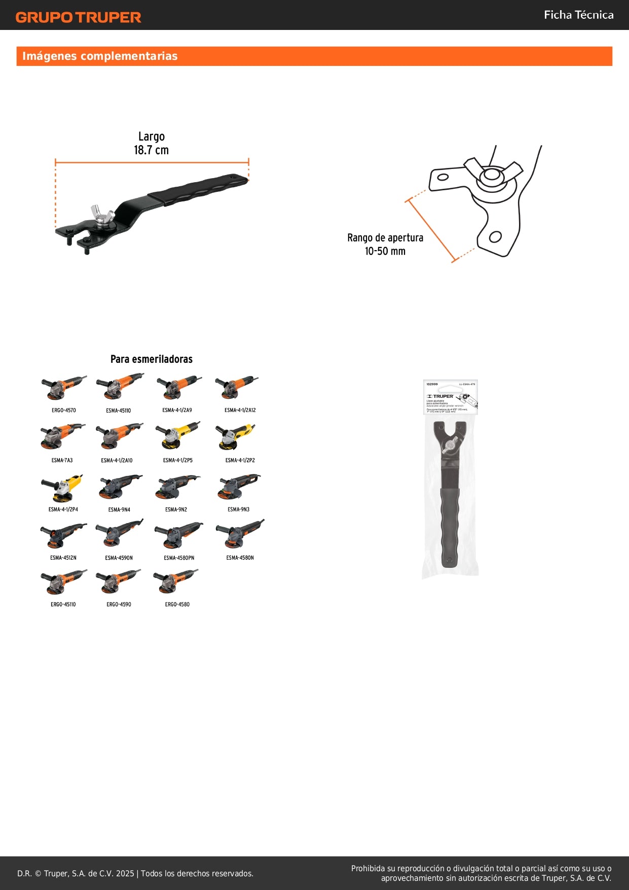 Llave de repuesto ajustable para esmeriladoras 4 1/2", 7",9"