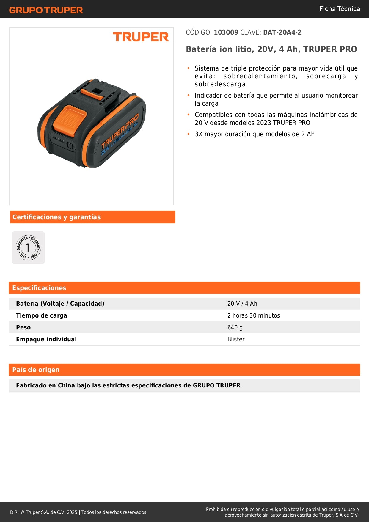 Batería Ion Litio 20V 4Ah TRUPER PRO BAT-20A4-2 - Triple Protección y Mayor Duración