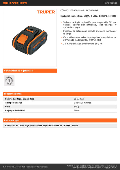 Batería Ion Litio 20V 4Ah TRUPER PRO BAT-20A4-2 - Triple Protección y Mayor Duración