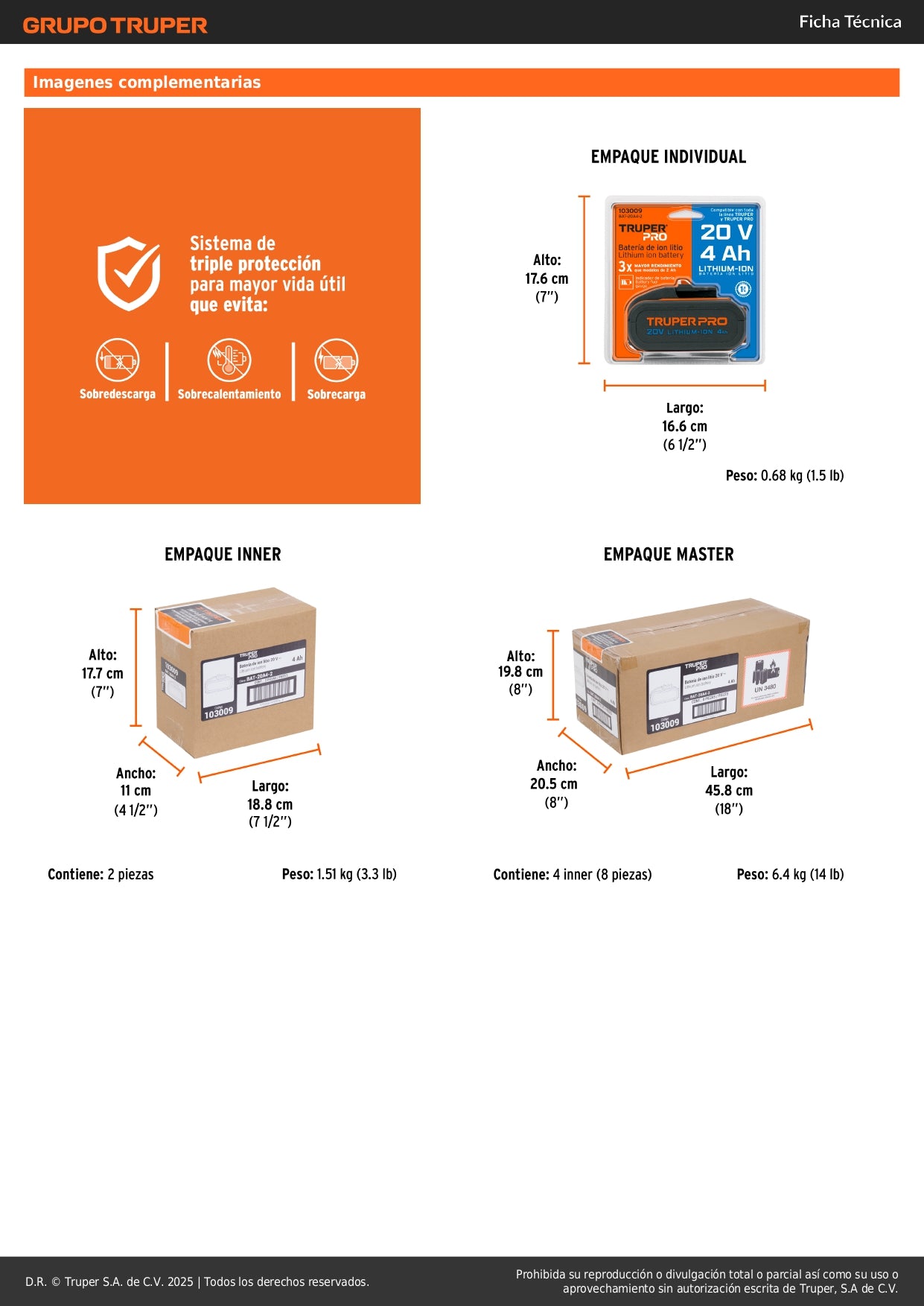 Batería Ion Litio 20V 4Ah TRUPER PRO BAT-20A4-2 - Triple Protección y Mayor Duración