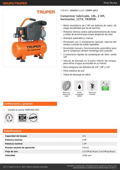 Compresor de Aire TRUPER 10L 2HP Horizontal 127V - Motor Cobre Arranque Automático para Herramientas Neumáticas Profesionale