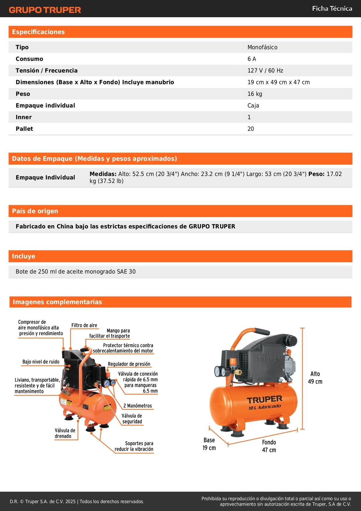 Compresor de Aire TRUPER 10L 2HP Horizontal 127V - Motor Cobre Arranque Automático para Herramientas Neumáticas Profesionale