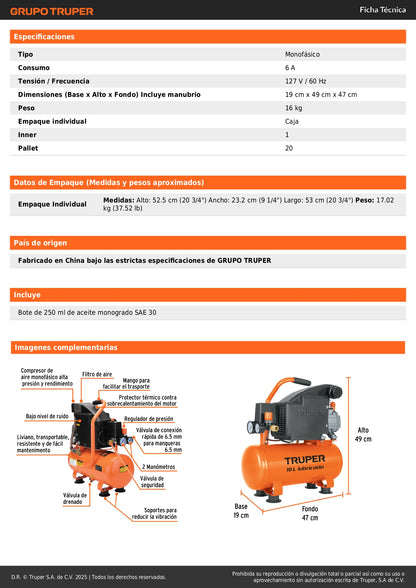 Compresor de Aire TRUPER 10L 2HP Horizontal 127V - Motor Cobre Arranque Automático para Herramientas Neumáticas Profesionale