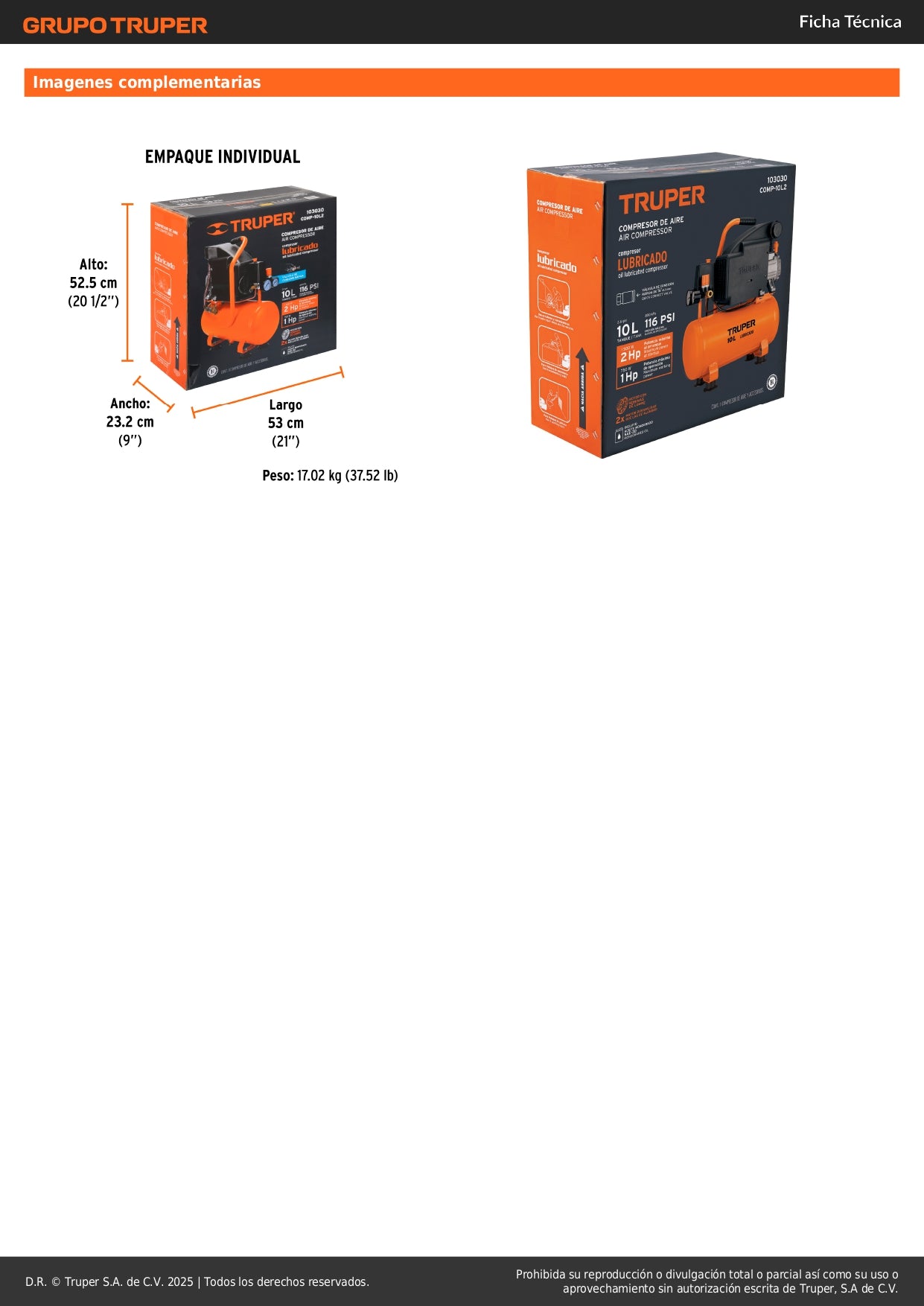 Compresor de Aire TRUPER 10L 2HP Horizontal 127V - Motor Cobre Arranque Automático para Herramientas Neumáticas Profesionale