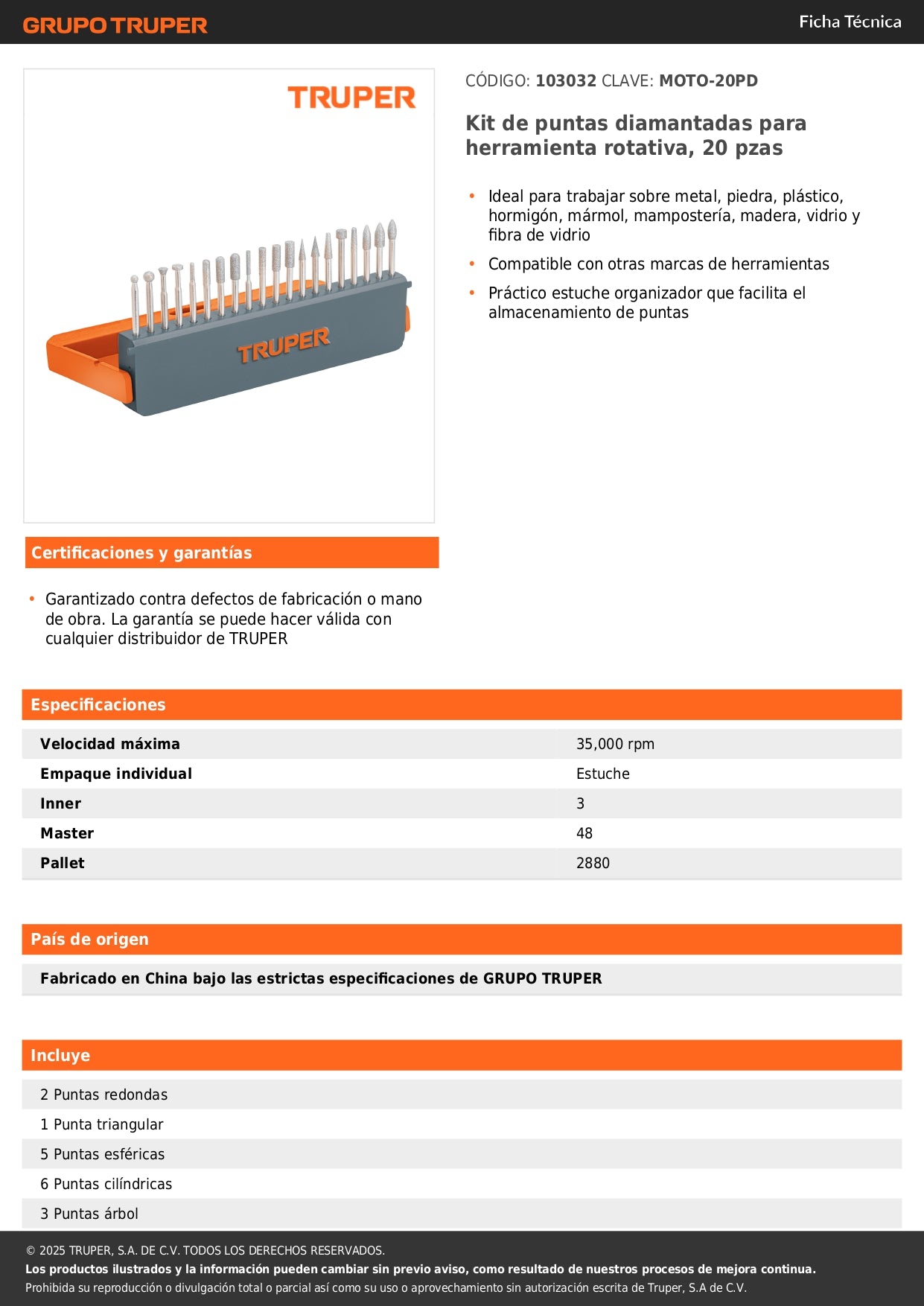 Kit de puntas diamantadas para herramienta rotativa, 20 pzas