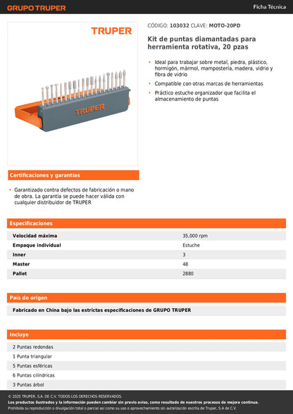 Kit de puntas diamantadas para herramienta rotativa, 20 pzas