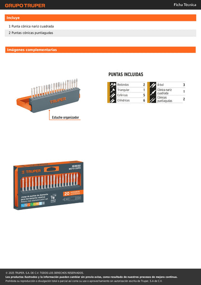 Kit de puntas diamantadas para herramienta rotativa, 20 pzas