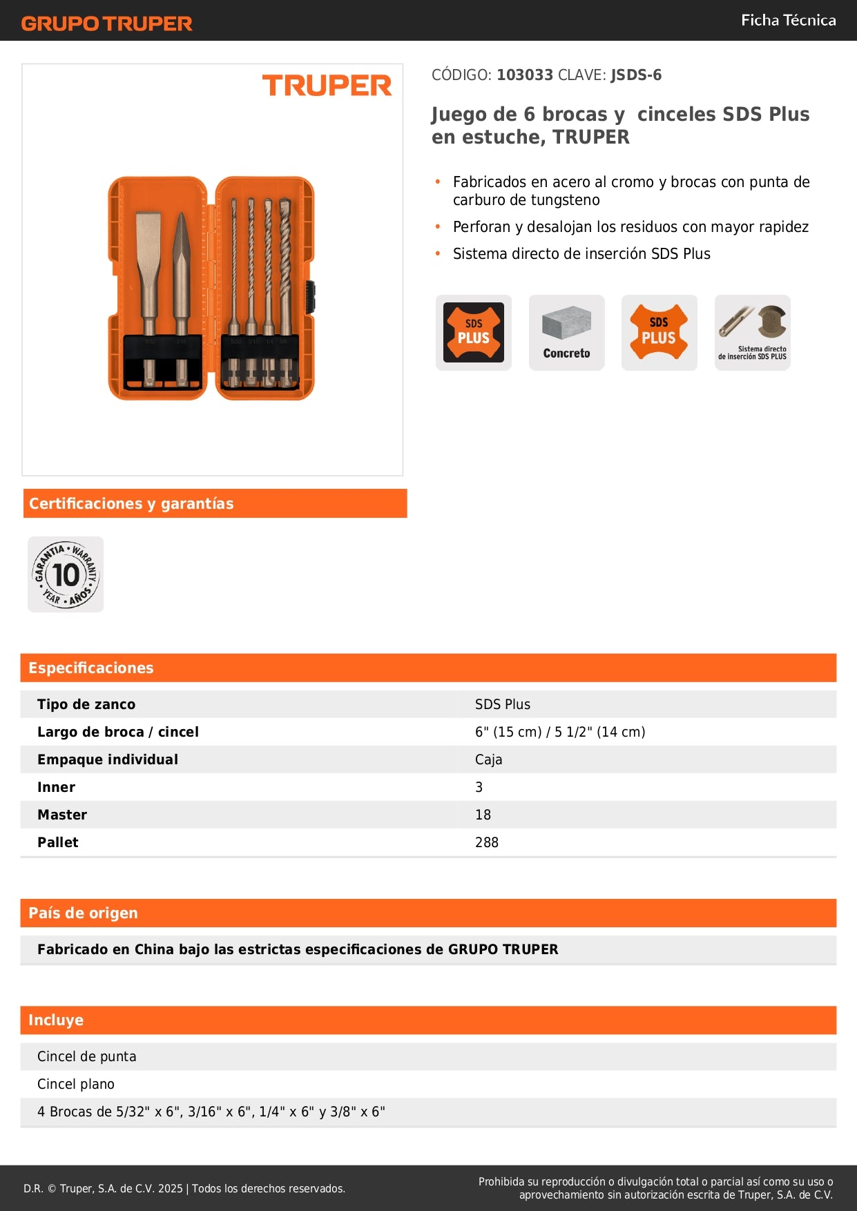 Juego de 6 brocas y cinceles SDS Plus en estuche, TRUPER