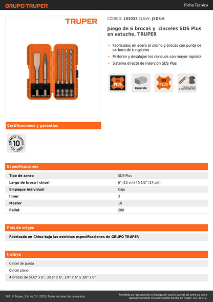 Juego de 6 brocas y cinceles SDS Plus en estuche, TRUPER