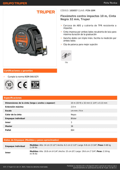 Flexómetro Truper FCN-10M Resistente a Impactos 10m - Cinta Negra 32mm con Triple Imán para Medición Profesional
