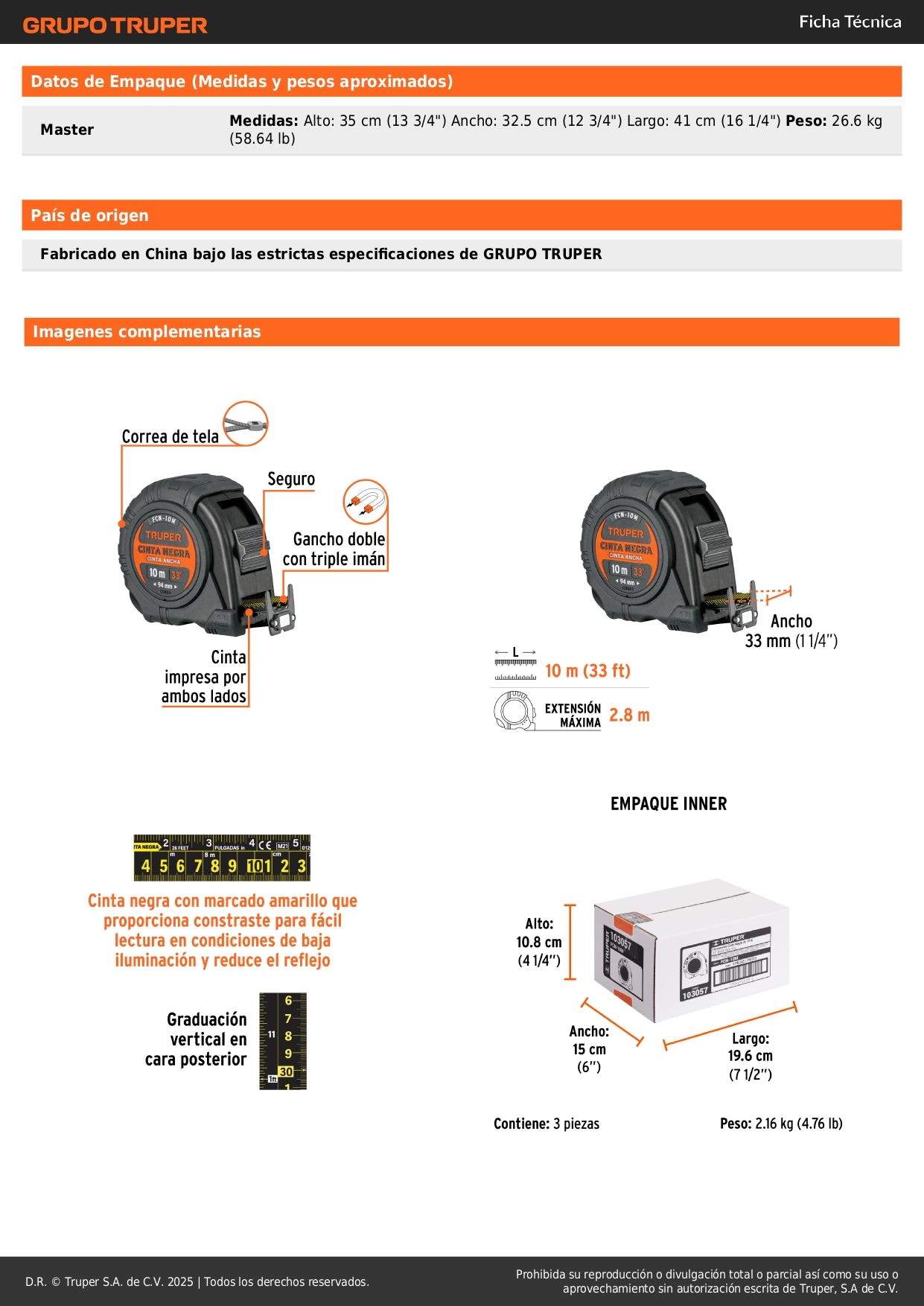 Flexómetro Truper FCN-10M Resistente a Impactos 10m - Cinta Negra 32mm con Triple Imán para Medición Profesional