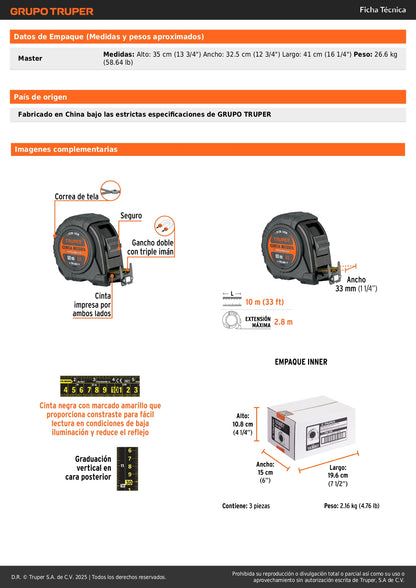 Flexómetro Truper FCN-10M Resistente a Impactos 10m - Cinta Negra 32mm con Triple Imán para Medición Profesional