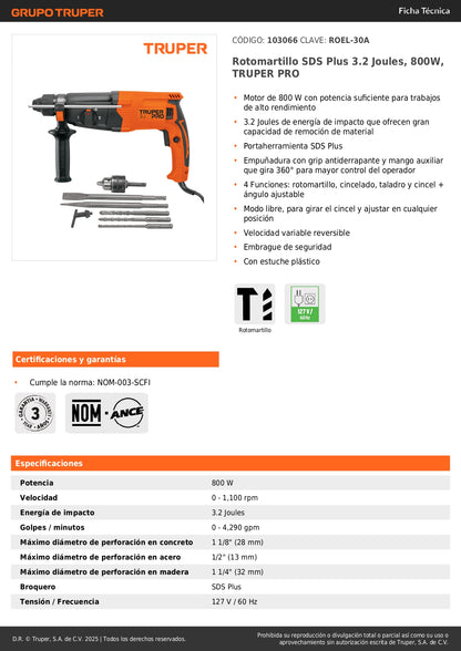 Rotomartillo SDS Plus 3.2 Joules, 800W, TRUPER PRO
