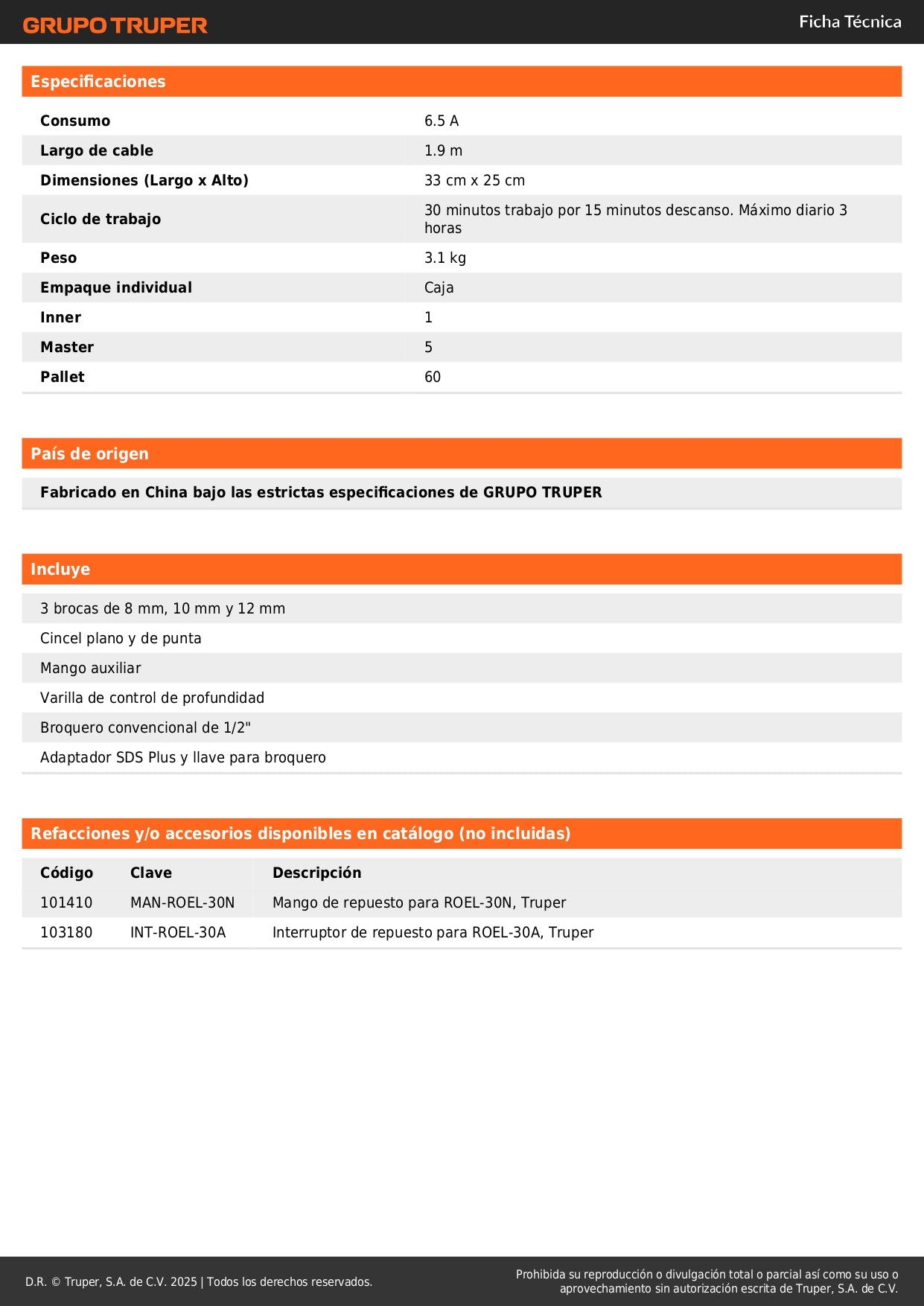 Rotomartillo SDS Plus 3.2 Joules, 800W, TRUPER PRO