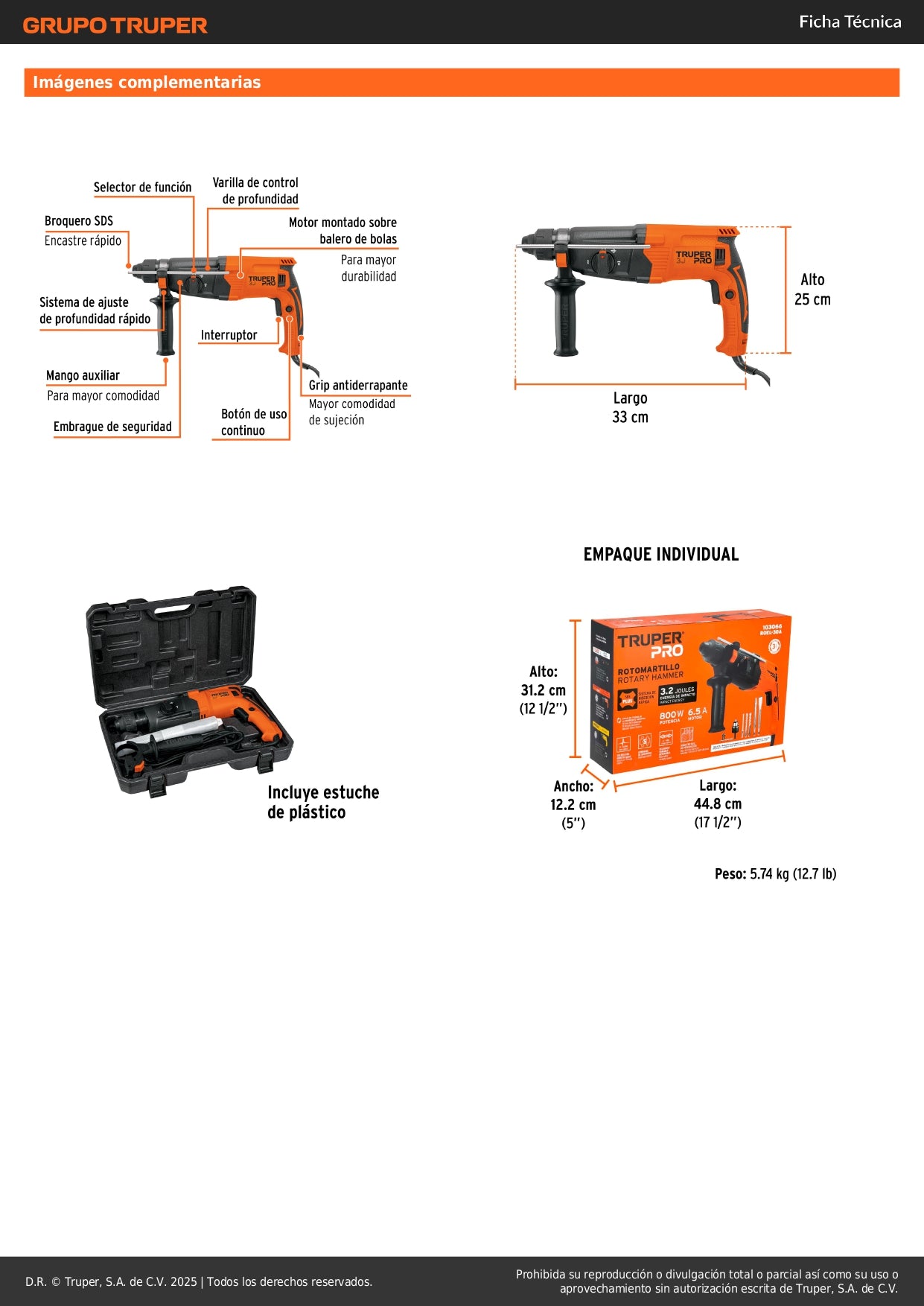Rotomartillo SDS Plus 3.2 Joules, 800W, TRUPER PRO