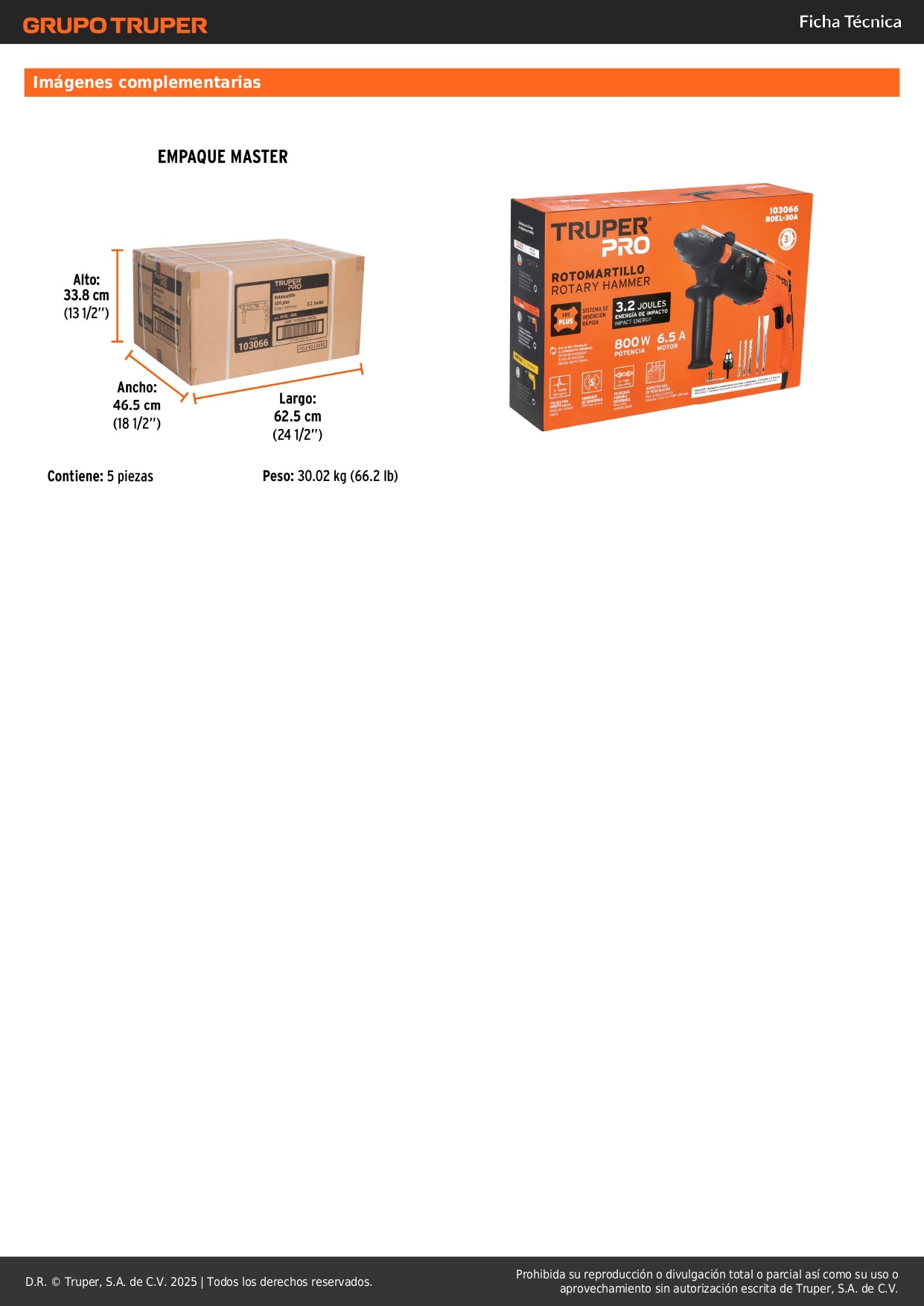 Rotomartillo SDS Plus 3.2 Joules, 800W, TRUPER PRO