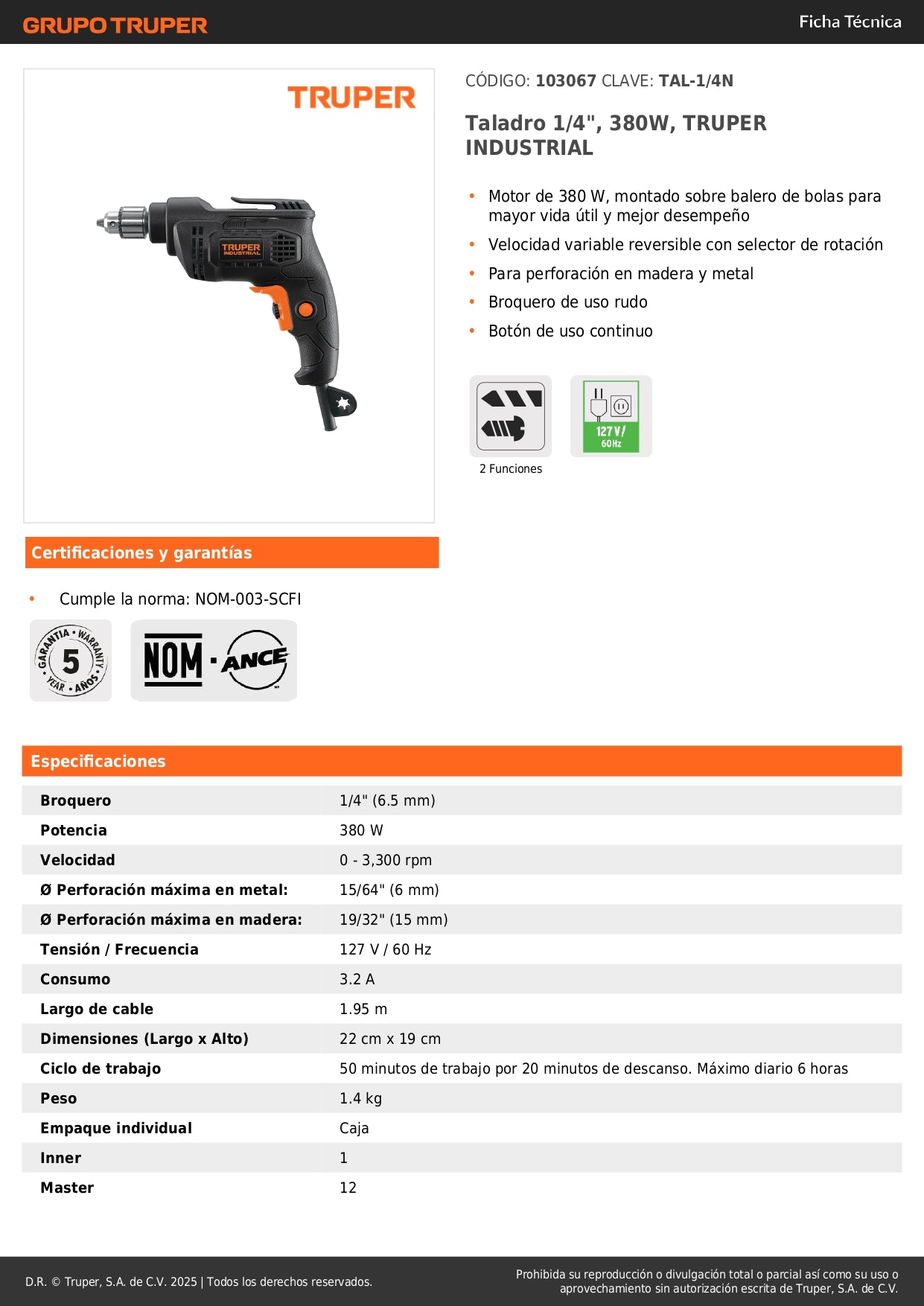Taladro 1/4", 380W, TRUPER INDUSTRIAL