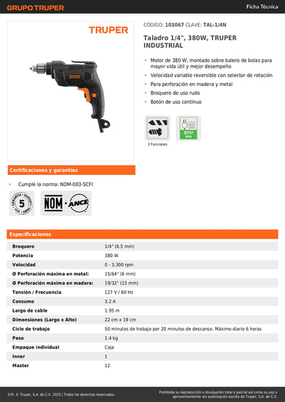 Taladro 1/4", 380W, TRUPER INDUSTRIAL