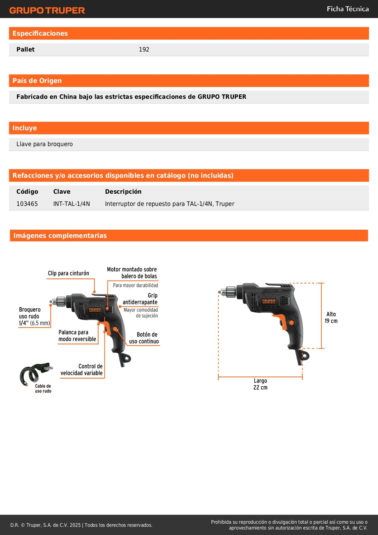 Taladro 1/4", 380W, TRUPER INDUSTRIAL