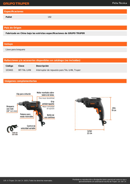 Taladro 1/4", 380W, TRUPER INDUSTRIAL