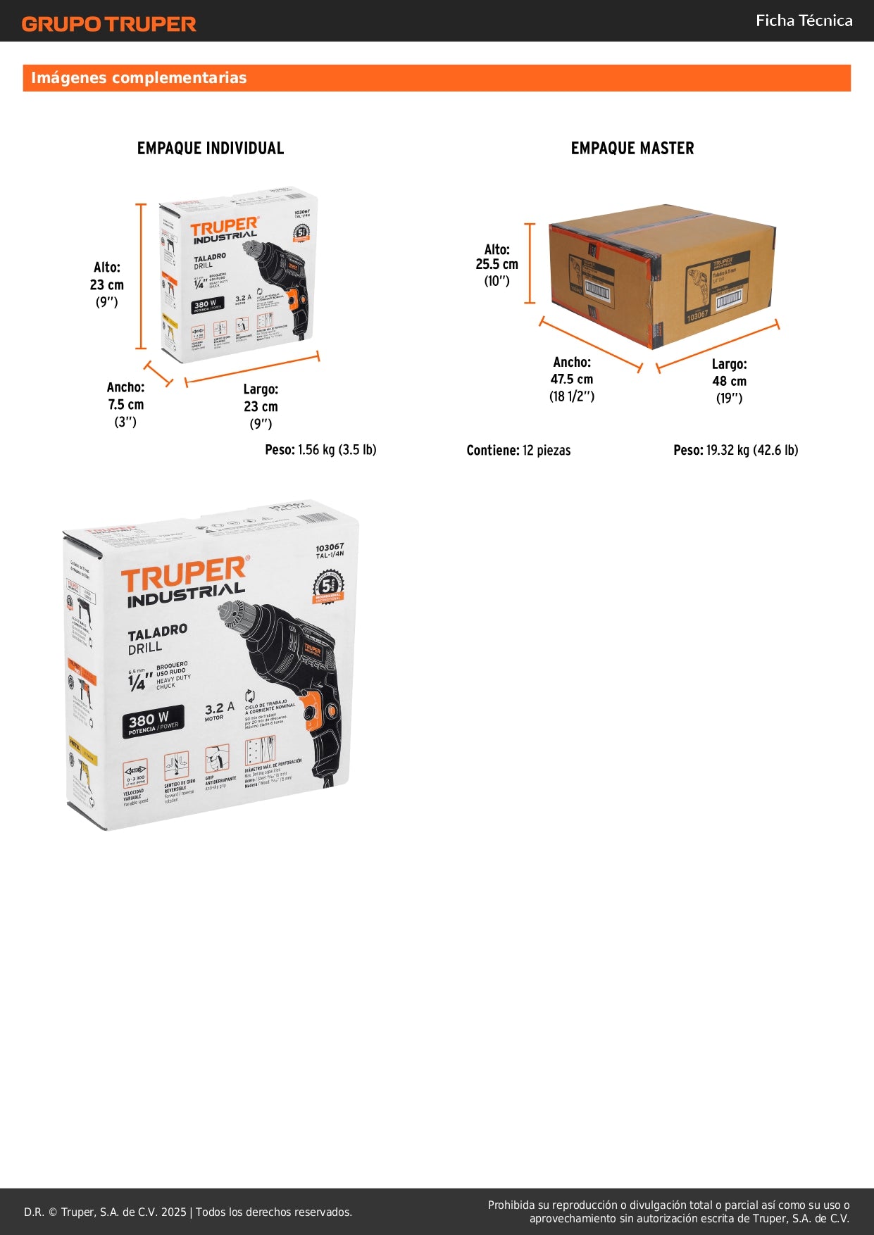 Taladro 1/4", 380W, TRUPER INDUSTRIAL