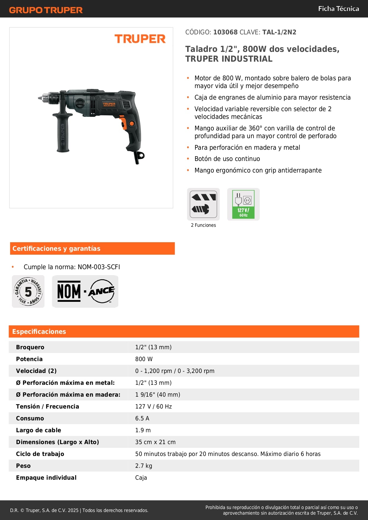 Taladro 1/2", 800W dos velocidades, TRUPER INDUSTRIAL