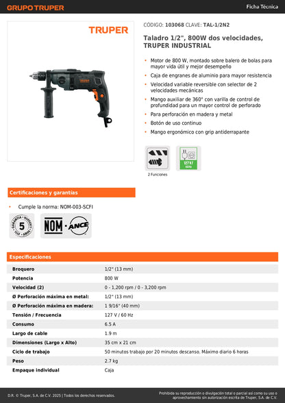 Taladro 1/2", 800W dos velocidades, TRUPER INDUSTRIAL