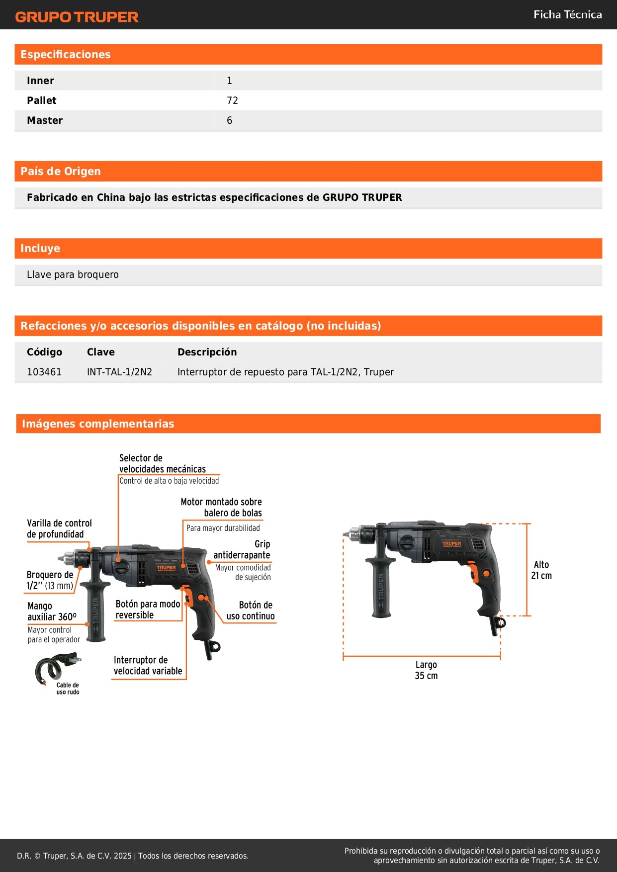 Taladro 1/2", 800W dos velocidades, TRUPER INDUSTRIAL