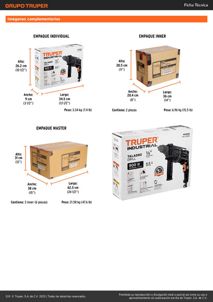 Taladro 1/2", 800W dos velocidades, TRUPER INDUSTRIAL