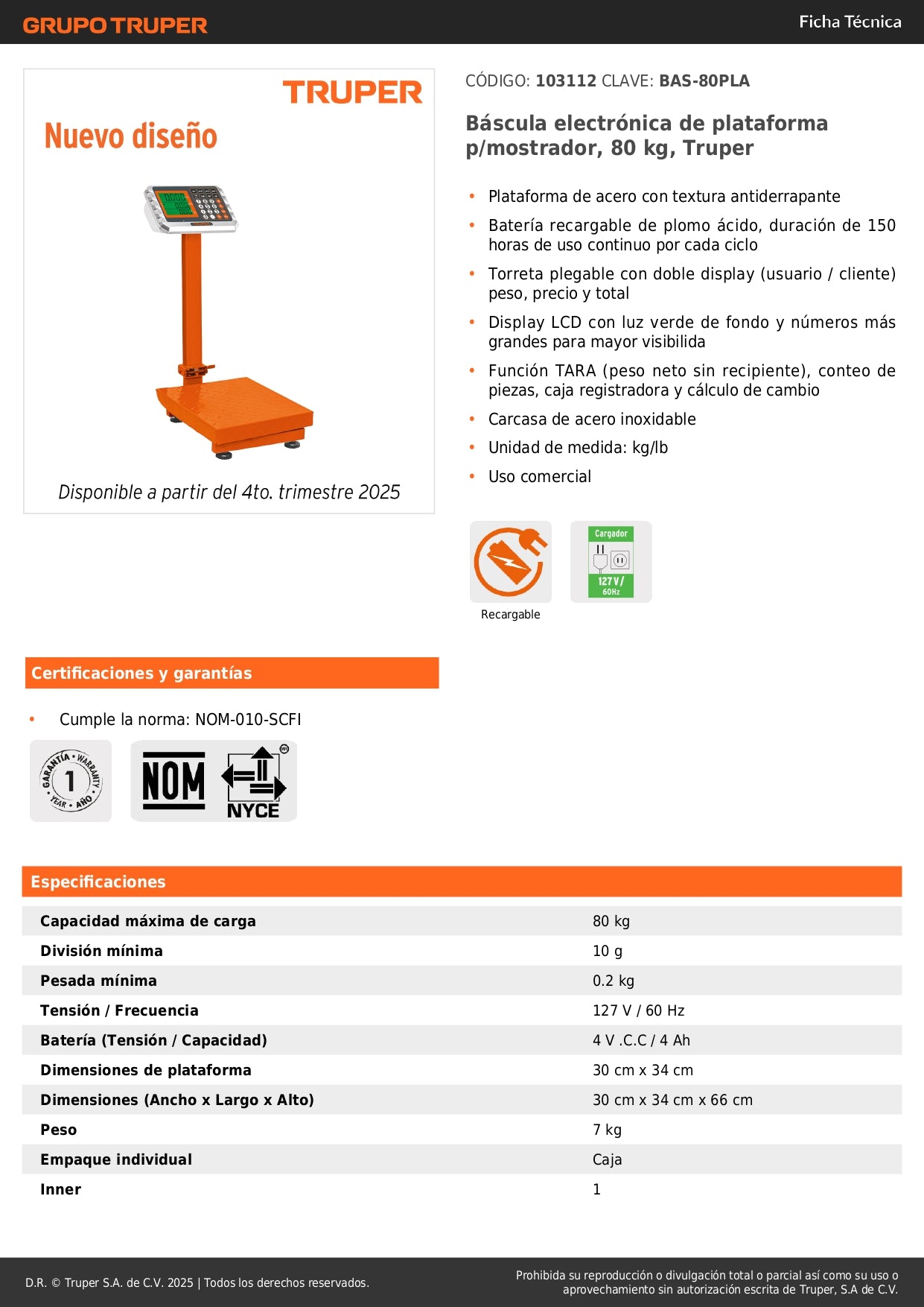 Báscula Electrónica Comercial 80kg Truper BAS-80PLA - Plataforma Antiderrapante con Doble Display y Batería 150hrs