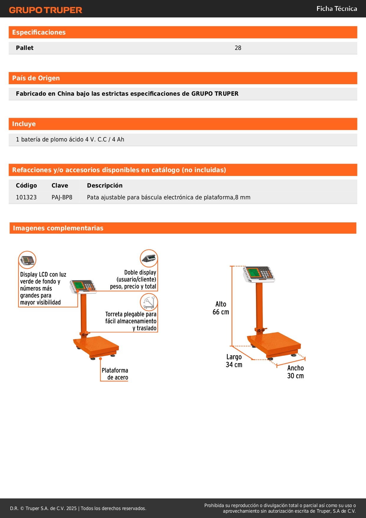 Báscula Electrónica Comercial 80kg Truper BAS-80PLA - Plataforma Antiderrapante con Doble Display y Batería 150hrs