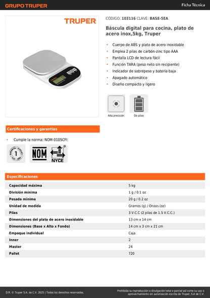 Báscula Digital Cocina Truper 5kg Acero Inoxidable - Medición Precisa Alimentos BASE-5EA