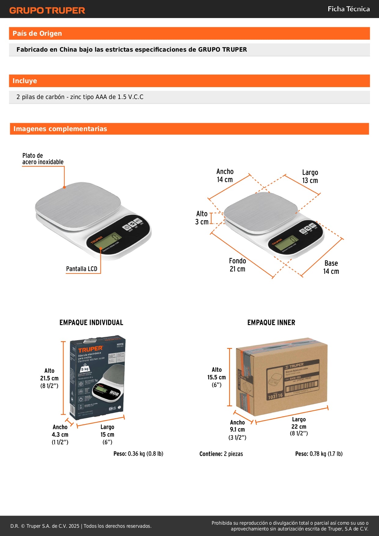 Báscula Digital Cocina Truper 5kg Acero Inoxidable - Medición Precisa Alimentos BASE-5EA