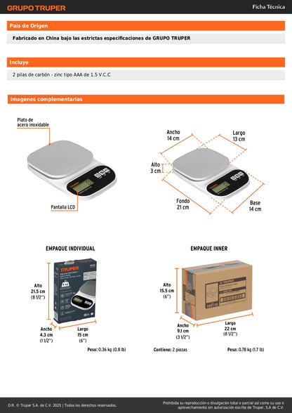 Báscula Digital Cocina Truper 5kg Acero Inoxidable - Medición Precisa Alimentos BASE-5EA