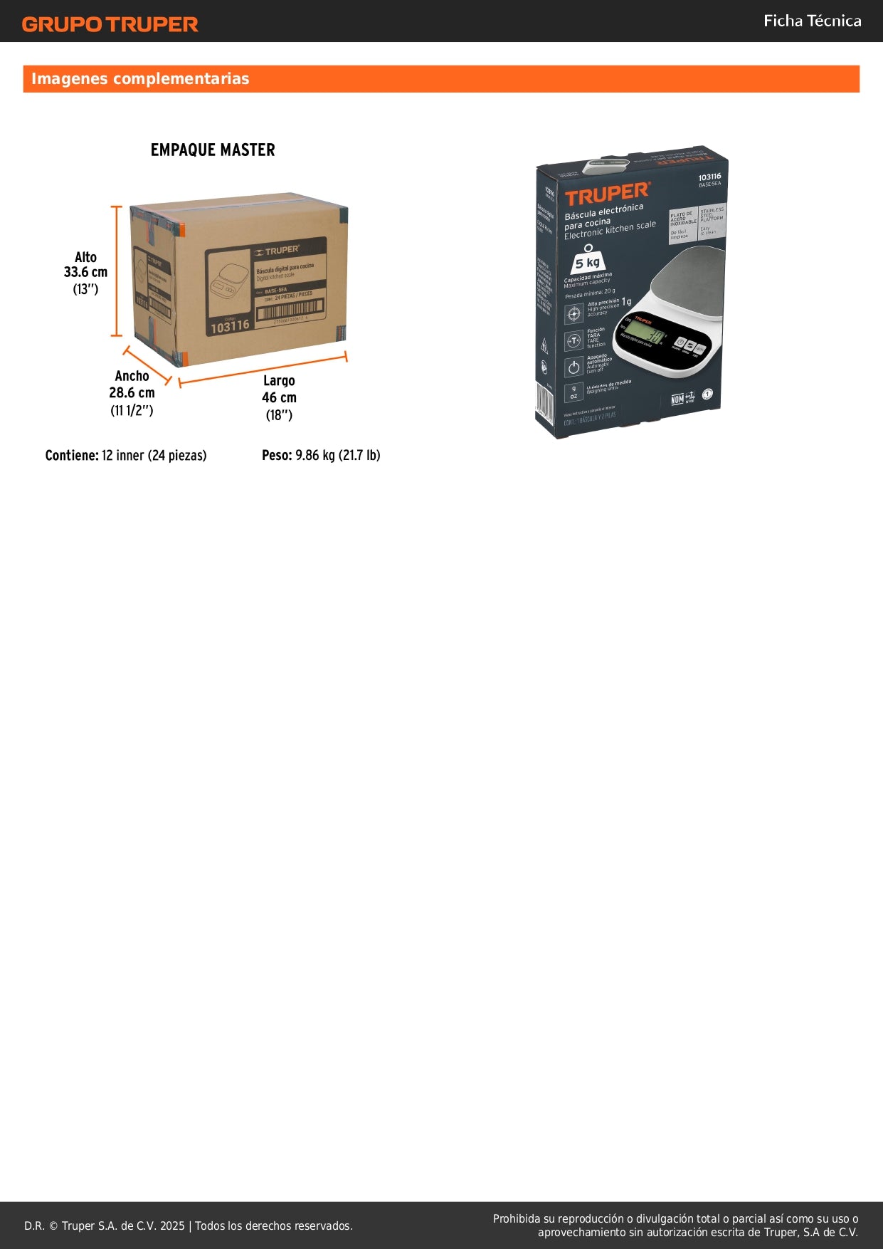 Báscula Digital Cocina Truper 5kg Acero Inoxidable - Medición Precisa Alimentos BASE-5EA