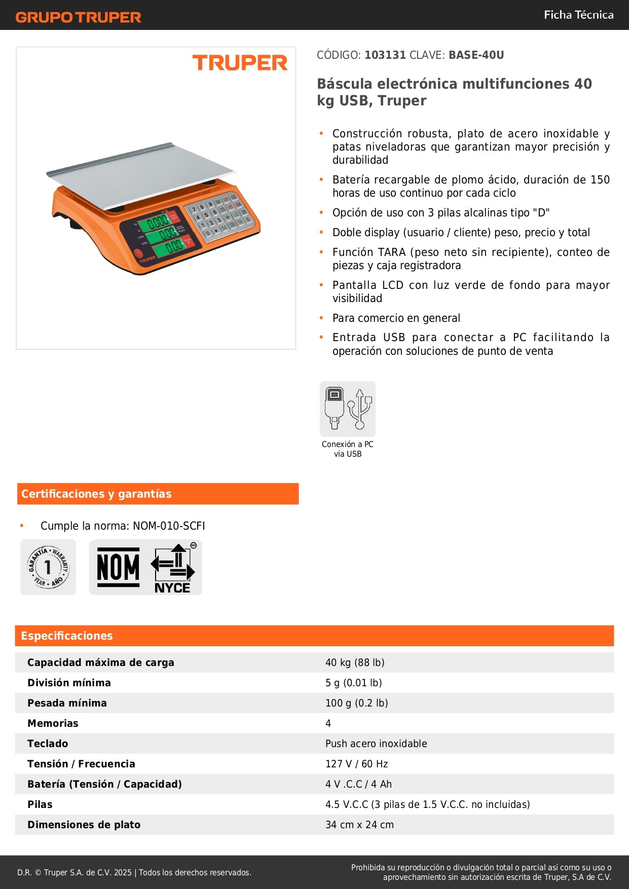 Báscula Electrónica Comercial Truper 40kg USB - Solución Profesional para Pesaje Preciso en Comercios con Doble Display y Batería de Larga Duración
