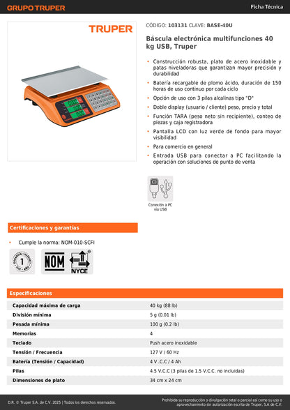 Báscula Electrónica Comercial Truper 40kg USB - Solución Profesional para Pesaje Preciso en Comercios con Doble Display y Batería de Larga Duración
