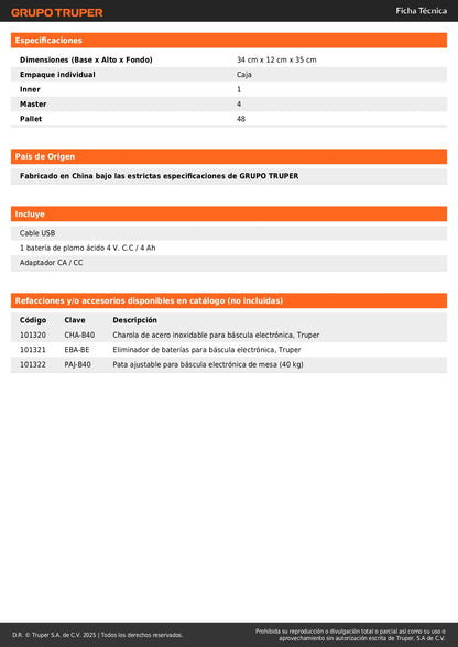 Báscula Electrónica Comercial Truper 40kg USB - Solución Profesional para Pesaje Preciso en Comercios con Doble Display y Batería de Larga Duración