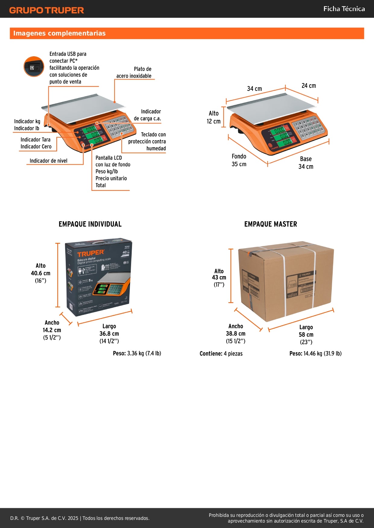 Báscula Electrónica Comercial Truper 40kg USB - Solución Profesional para Pesaje Preciso en Comercios con Doble Display y Batería de Larga Duración