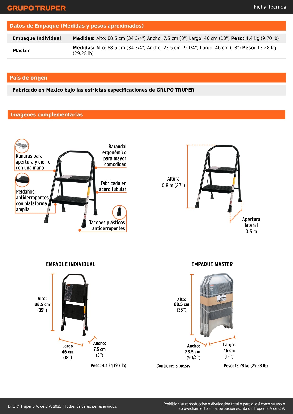 Escalera Tubular Plegable 2 Peldaños Truper ESTU-2 - Antiderrapante con Barandal Ergonómico para Trabajos en Altura Seguros y Cómodos