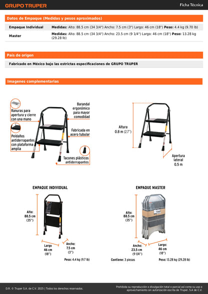Escalera Tubular Plegable 2 Peldaños Truper ESTU-2 - Antiderrapante con Barandal Ergonómico para Trabajos en Altura Seguros y Cómodos