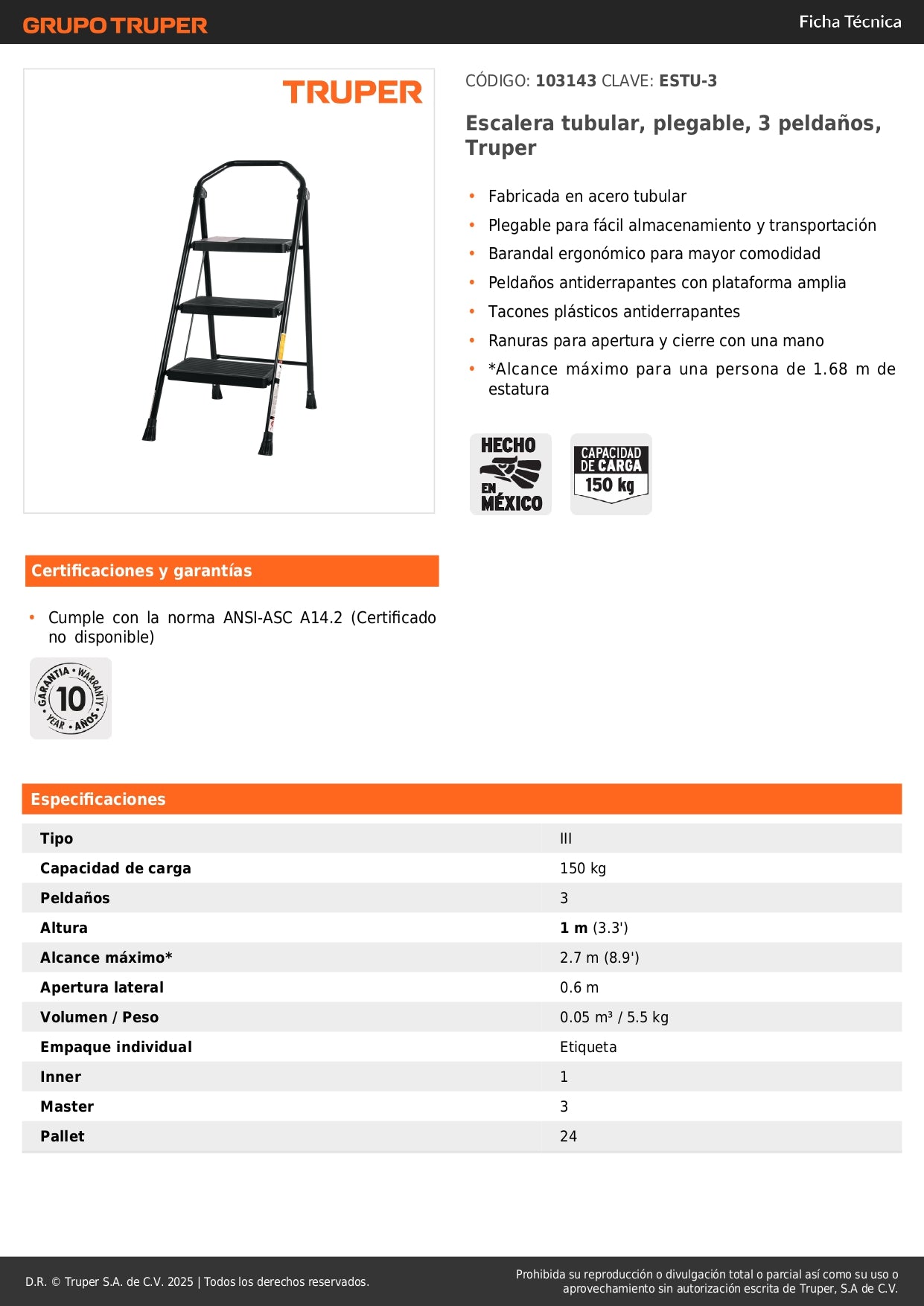 Escalera Tubular Plegable TRUPER 3 Peldaños Antiderrapantes - Solución Compacta para Trabajos en Altura Seguros - Acero Resistente con Barandal Ergonómico