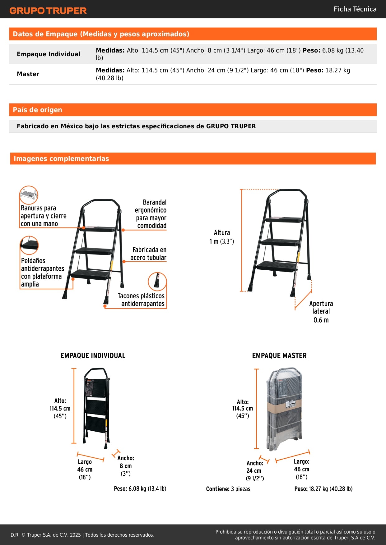 Escalera Tubular Plegable TRUPER 3 Peldaños Antiderrapantes - Solución Compacta para Trabajos en Altura Seguros - Acero Resistente con Barandal Ergonómico
