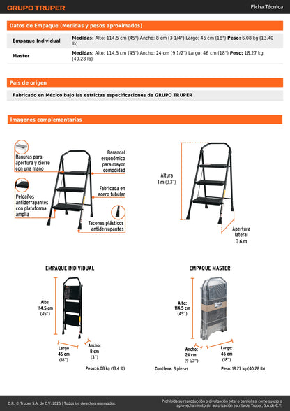 Escalera Tubular Plegable TRUPER 3 Peldaños Antiderrapantes - Solución Compacta para Trabajos en Altura Seguros - Acero Resistente con Barandal Ergonómico