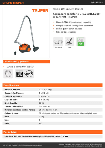 Aspiradora Canister TRUPER ASD-120 1200W - Solución Profesional para Limpieza Profunda con Motor Potente 1.6HP y Filtro Extraíble