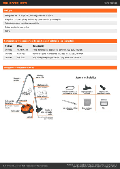 Aspiradora Canister TRUPER ASD-120 1200W - Solución Profesional para Limpieza Profunda con Motor Potente 1.6HP y Filtro Extraíble