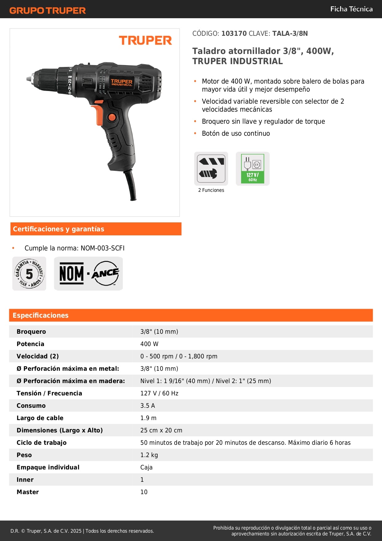 Taladro atornillador 3/8", 400W, TRUPER INDUSTRIAL